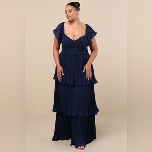 Lulus Notorious Charm Navy Blue Pleated Flutter Sleeve Maxi Dress - Size 1X